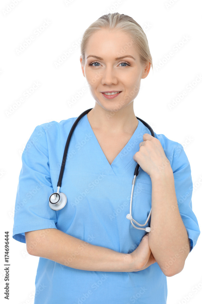 Smiling young nurse portrait isolated over white background. Smiling young nurse portrait isolated over white background.
