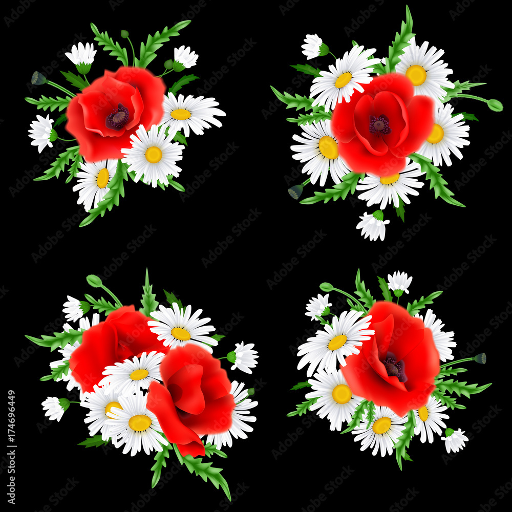 Bouquet of poppies and chamomile flowers