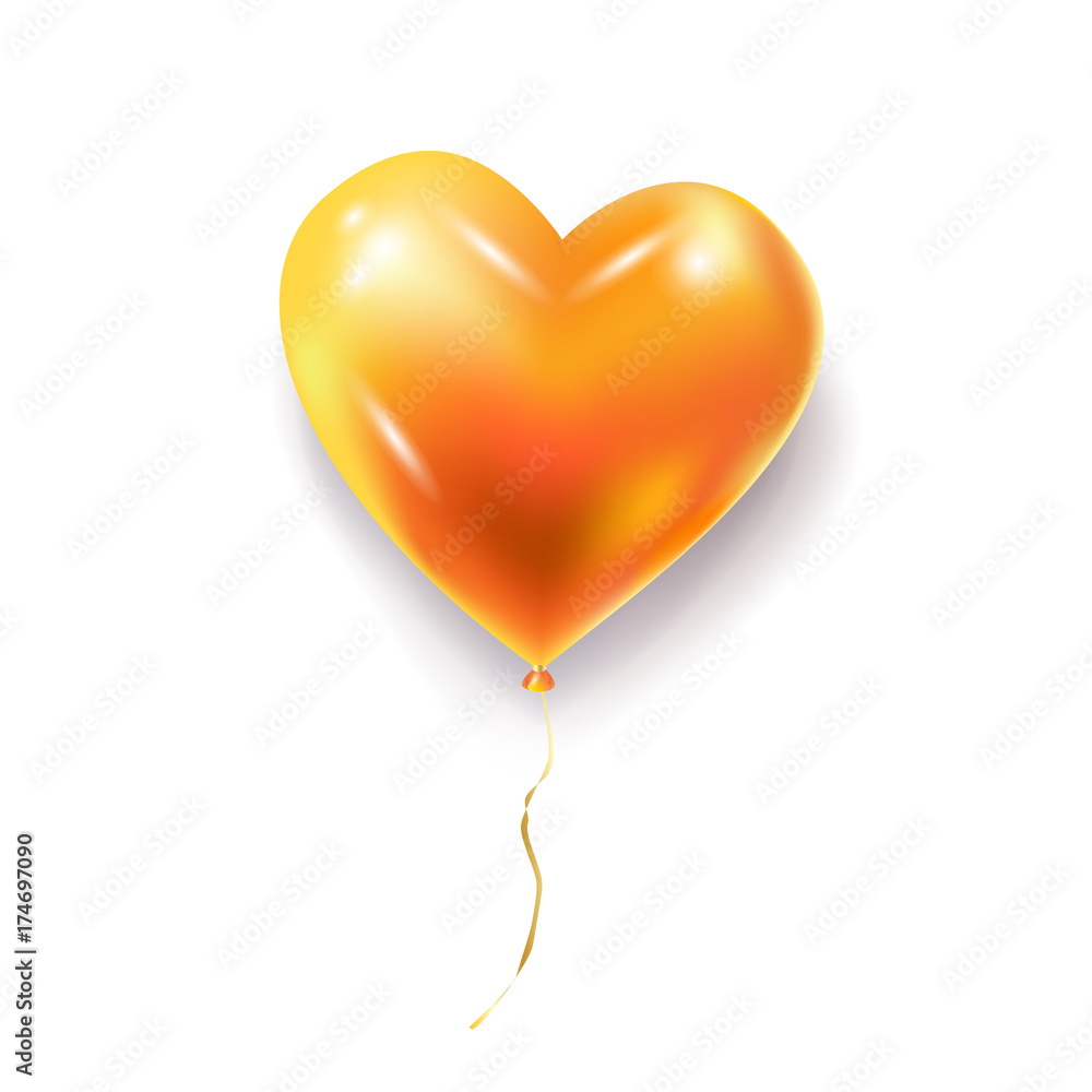 Gold balloon with shadow isolated on white background. Vector illustration. Heart balloon realistic symbol, yellow heart shape icon 3D, love symbol.
