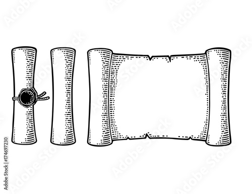 Set scroll with seal isolated on white background. Vector engraving