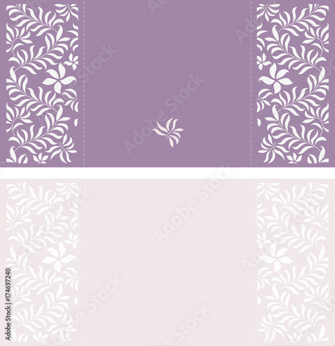 Set of Wedding Invitation or greeting card in light violet color with lace pattern. Layout congratulatory card with openwork pattern.Template card, invitation, advertising banner with space for text
