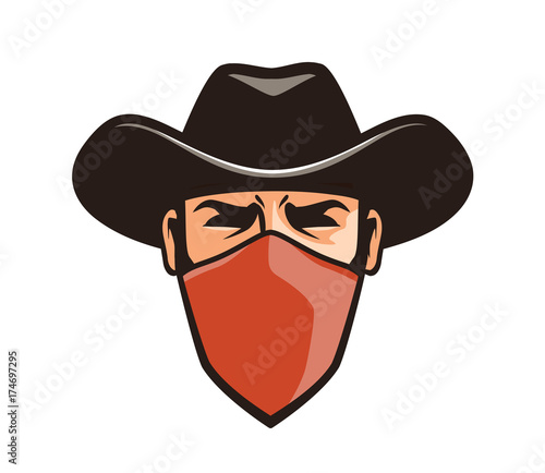 Angry thug in mask. Cowboy, robber, bandit in hat. Cartoon vector illustration photo