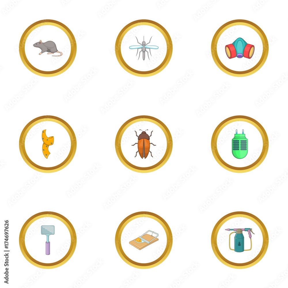 Exterminator icons set, cartoon style Exterminator icons set, cartoon style