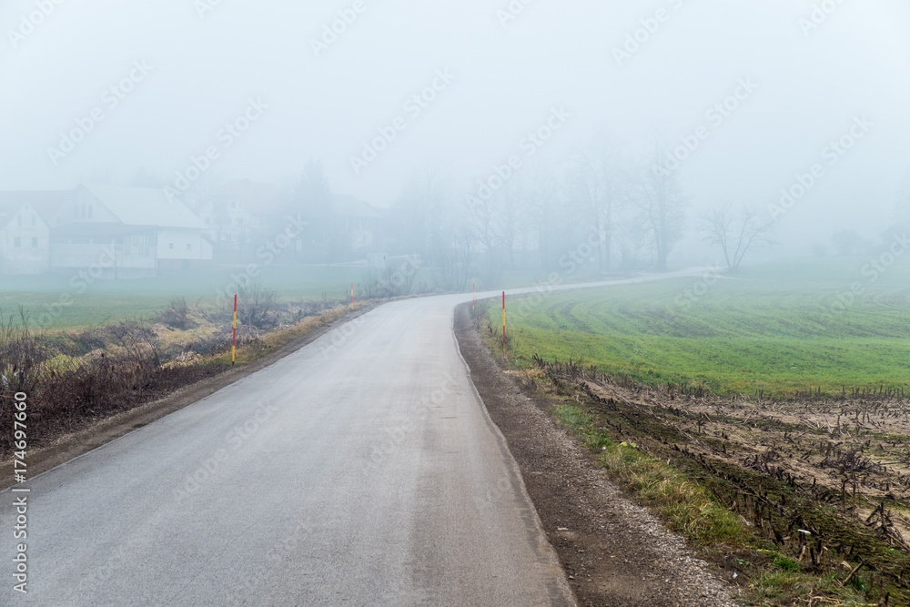 Foggy morning on rural road.