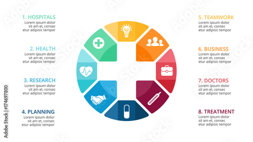 Vector plus infographic, medical diagram, healthcare graph, hospital presentation, emergency chart. Medicine doctor logo. Concept with 8 options, parts, steps, processes.