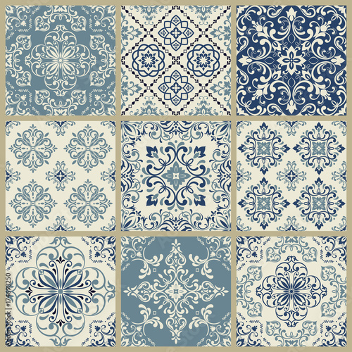 Seamless ceramic tiles with damask pattern. Vintage elements for design in Victorian style. Ornate floral decor for wallpaper, ceramic tiles. Endless eastern texture. 