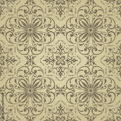 Seamless pattern. Golden textured curls. Oriental style arabesques. Brilliant lace, stylized flowers. Openwork weaving delicate, golden background. Damascus motif.