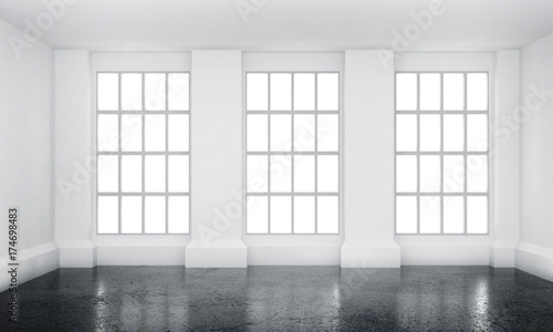 white room interior with french windows and concrete floor