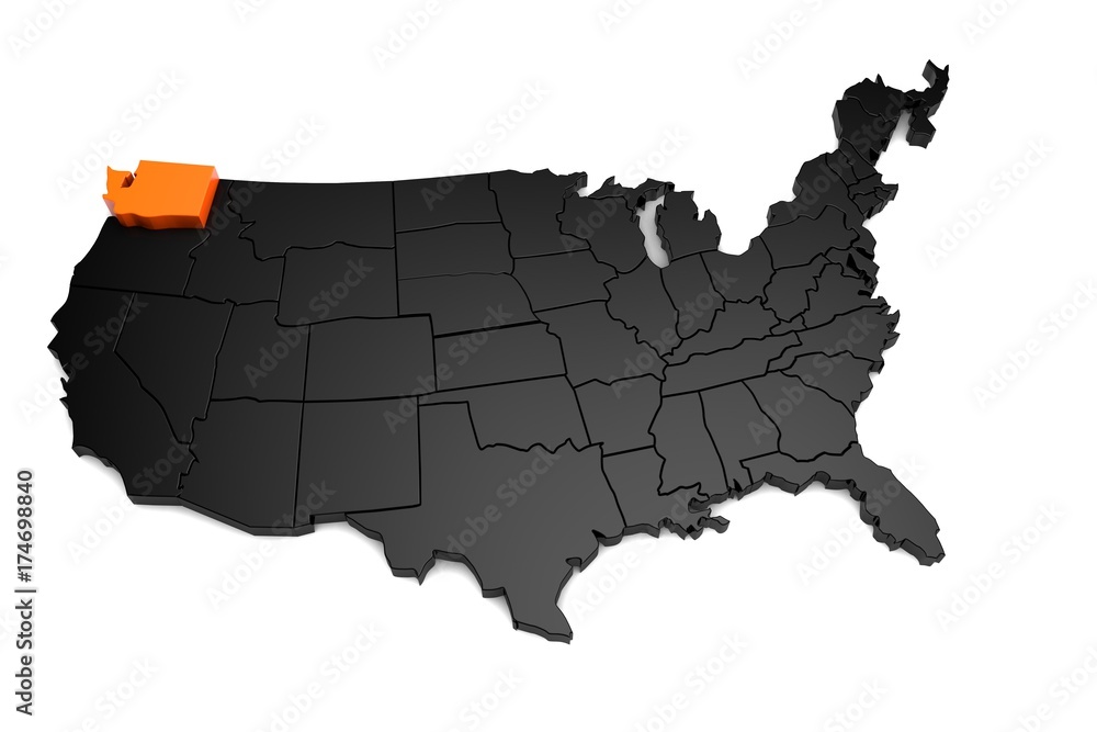 United States of America, 3d black map, with Washington state highlighted in orange. 3d render