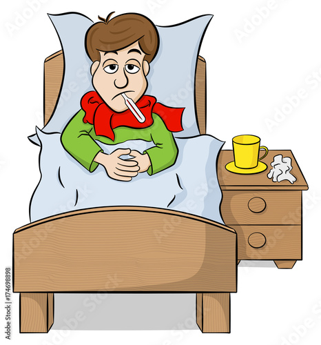 Cartoon Mann liegt im Bett mit Fieber