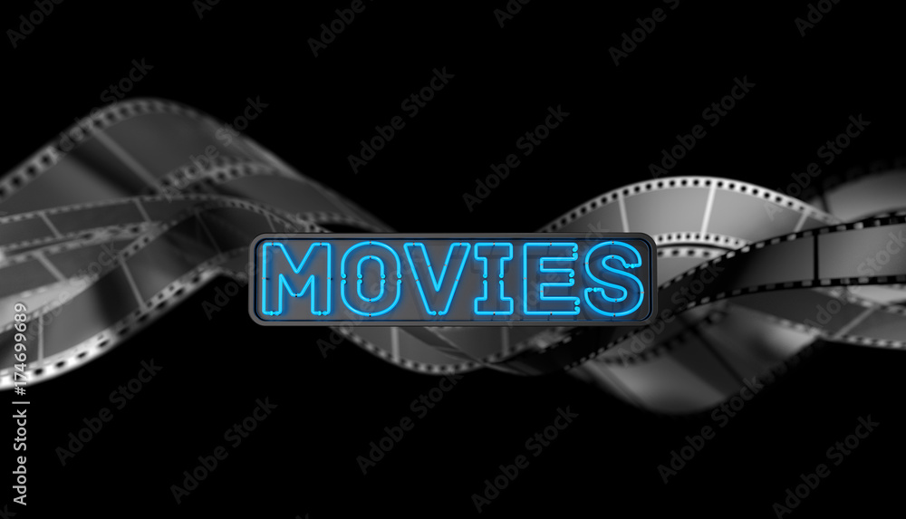 Neon Movies Sign on Dark Background. 3D illustration