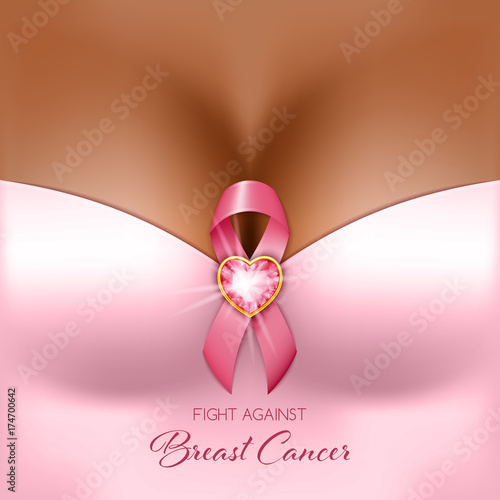 Breast cancer awareness month. Silk pink ribbon on the female bust. Vector Illustration