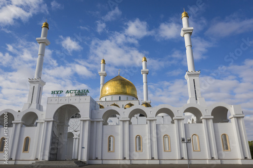 Exterior of the Nur Astana mosque in Astana, Kazakhstan. This mosque is the second largest in Kazakhstan.