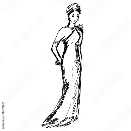 Female fashion model in turban, stylish evening dress for advertising, shop, showcase, design, covers, prints, posters, cards. Hand drawn sketch, curly lines. Black and white colors.