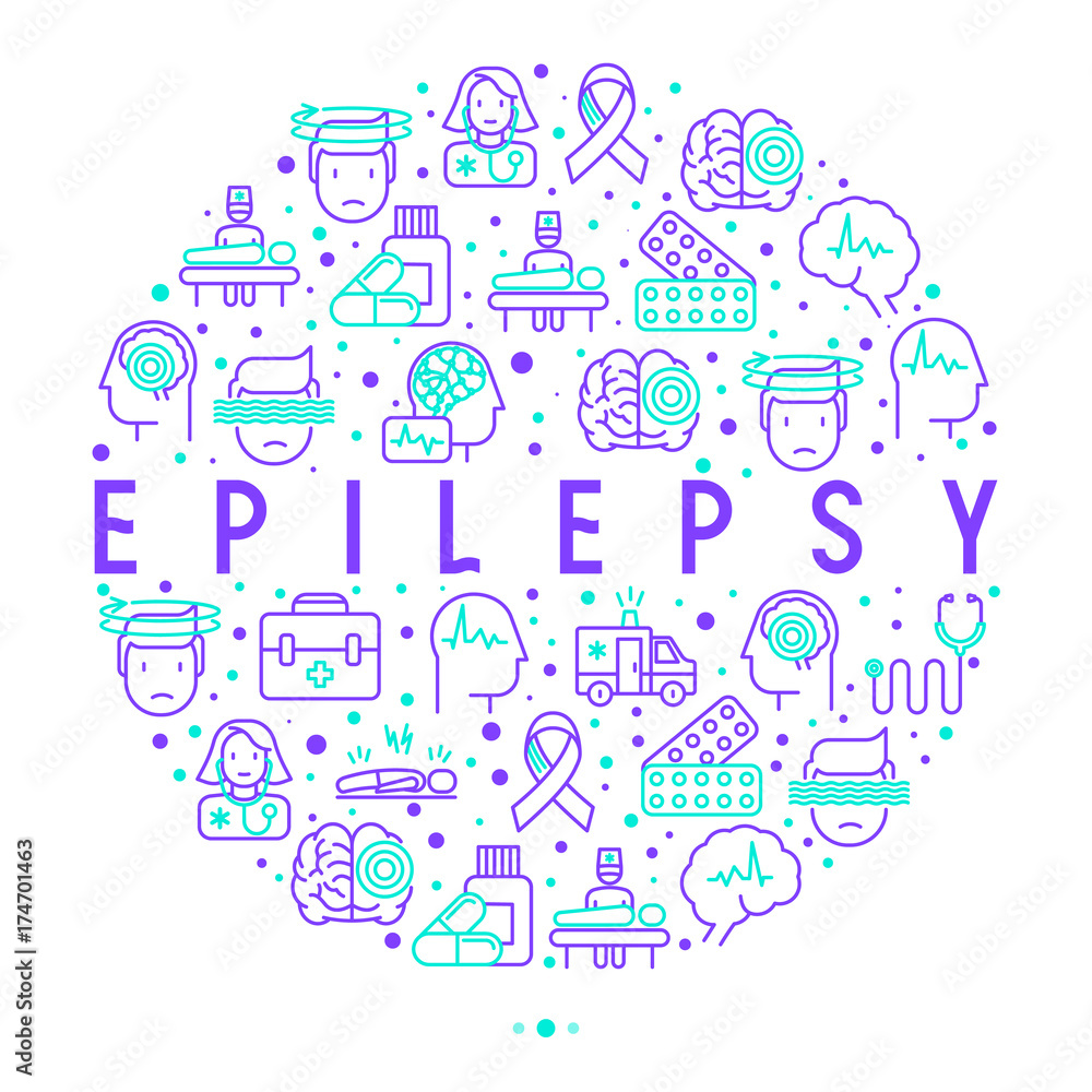 Epilepsy concept in circle with thin line icons of symptoms and treatments: convulsion, disorder, dizziness, brain scan. World epilepsy day. Vector illustration for banner, web page, print media. Epilepsy concept in circle with thin line icons of symptoms and treatments: convulsion, disorder, dizziness, brain scan. World epilepsy day. Vector illustration for banner, web page, print media.