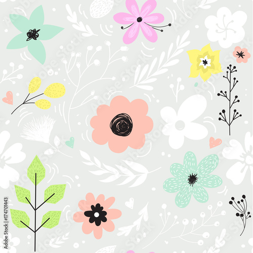 Vector seamless pattern with pastel flowers.