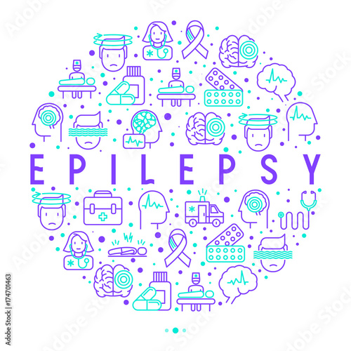 Epilepsy concept in circle with thin line icons of symptoms and treatments: convulsion, disorder, dizziness, brain scan. World epilepsy day. Vector illustration for banner, web page, print media.
