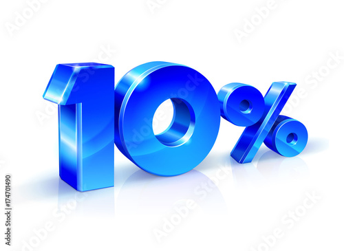 Glossy blue 10 Ten percent off, sale. Isolated on white background, 3D object.