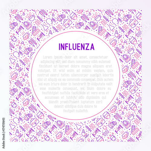 Influenza concept with thin line icons of symptoms and treatments: runny nose, headache, pain in throat, temperature, pills, medicine. Vector illustration for banner, web page, print media.