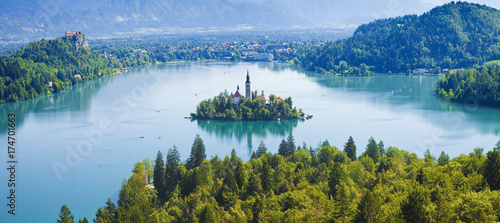 Bled lake, the most famous lake in Slovenia with the island of the church (Europe - Slovenia) - panoramic view