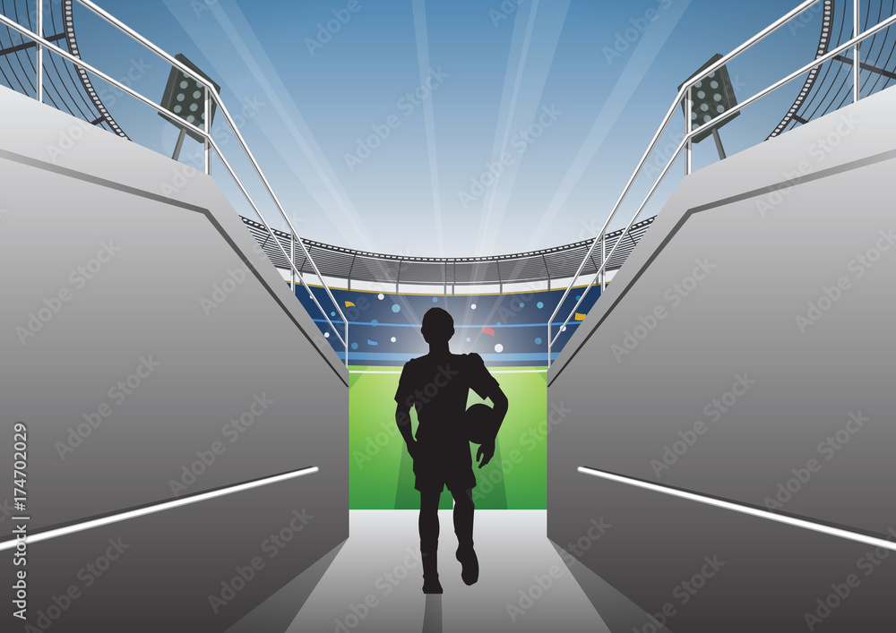 Fototapeta premium Football Player with a walking on a stadium tunnel