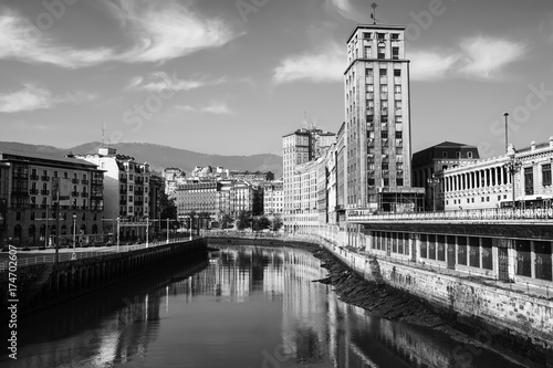 Bilbao, Spain city downtown with a Nevion River