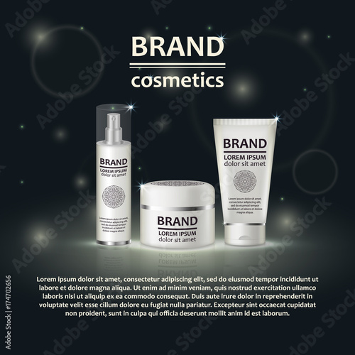 3D realistic cosmetic bottle ads template. Cosmetic brand advertising concept design with glitters and bokeh background