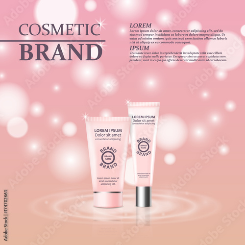 3D realistic cosmetic bottle ads template. Cosmetic brand advertising concept design with glitters and bokeh background