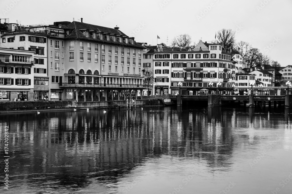 City center on the river with famous old buildings, shops in Zurich, Switzerland
