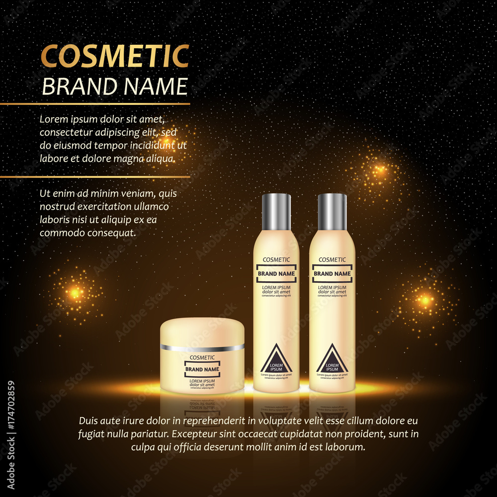 3D realistic cosmetic bottle ads template. Cosmetic brand advertising concept design with abstract glowing lights and sparkles background