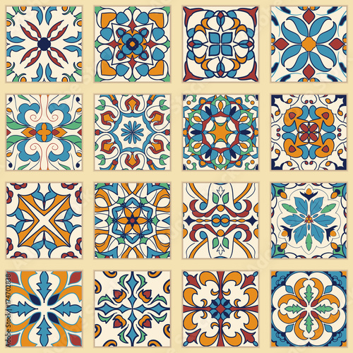 Vector set of Portuguese tiles. Collection of colored patterns for design and fashion