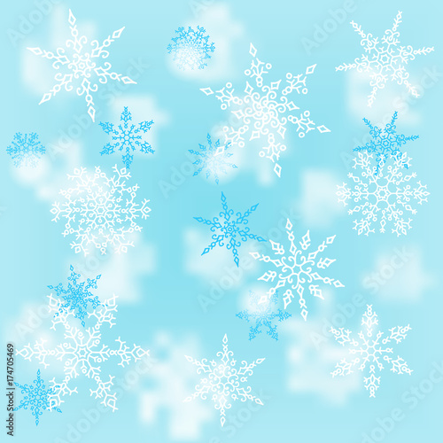 Christmas white snowflakes on blur blue background. Winter holiday pattern. Greeting card. Vector illustration.