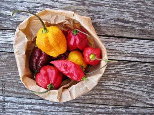 Different red and yellow chillies in paper bag on old table photo