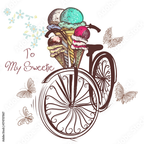 Bicycle with basket fully of ice cream and butterflies around it