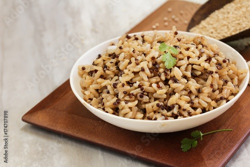 Red Quinoa brown rice served in a bowl, selective focus