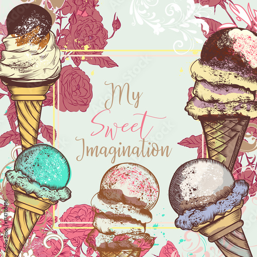 Fashion illustration in pink color with ice cream. My sweet imagination