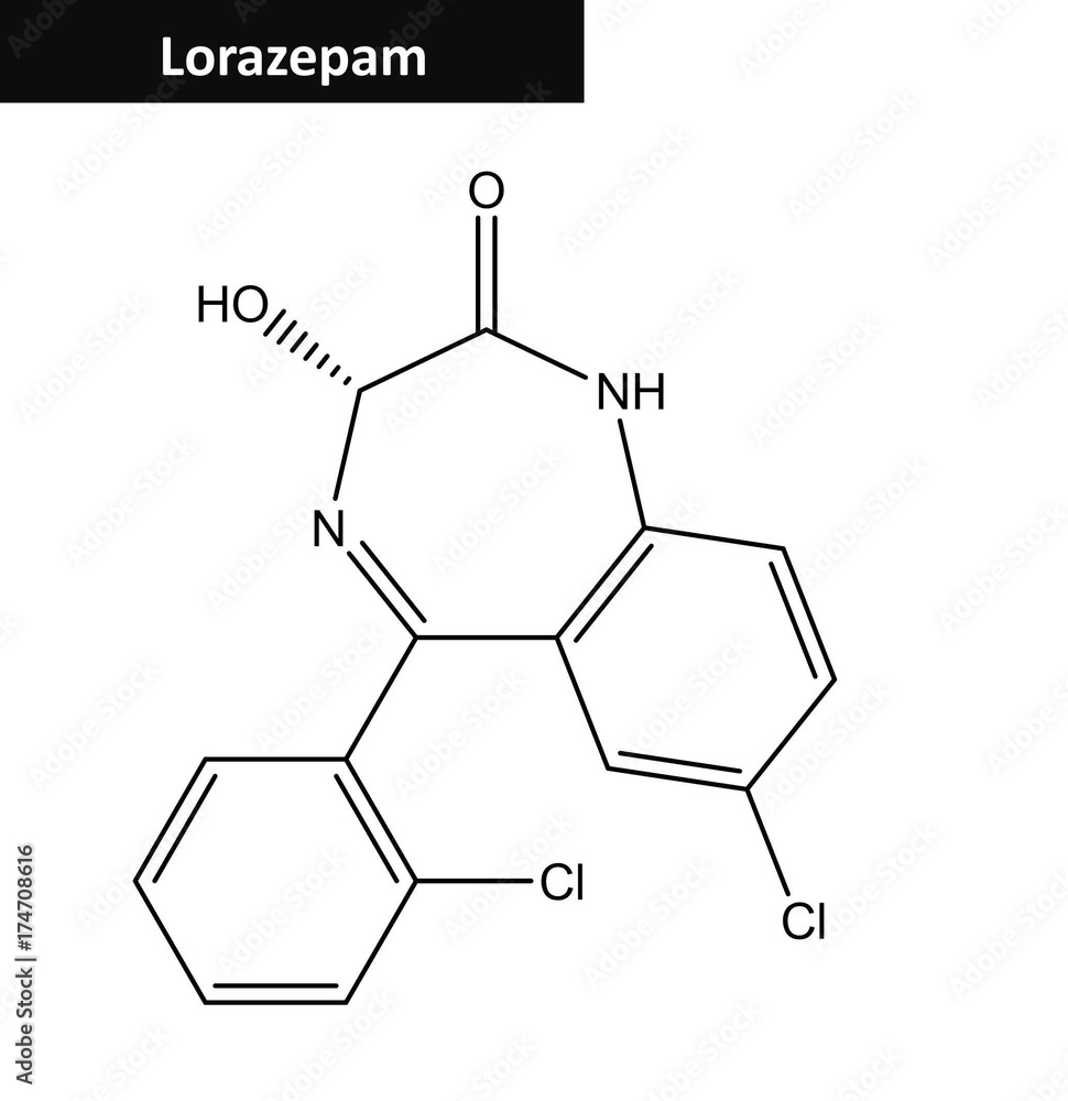 Lorazepam - molecular structure, 3d rendering Lorazepam - molecular structure, 3d rendering