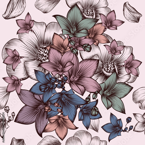 Floral pattern with engraved hand drawn flowers in vintage style