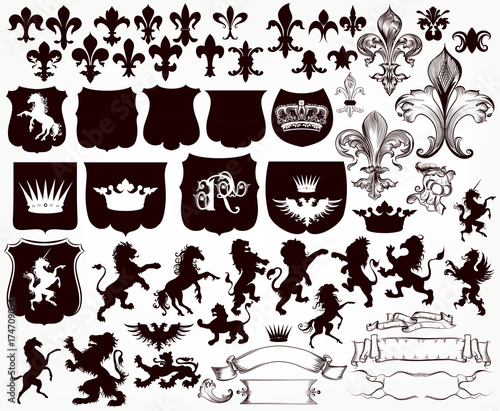 Heraldic collection of shields, silhouettes of lions, griffins and fleur de lis