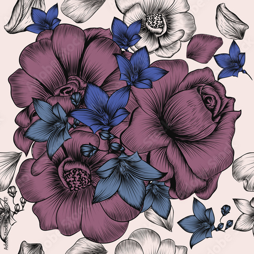 Floral wallpaper pattern with engraved hand drawn flowers in vintage style