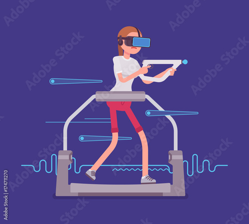 VR woman with aim controller on gaming treadmill