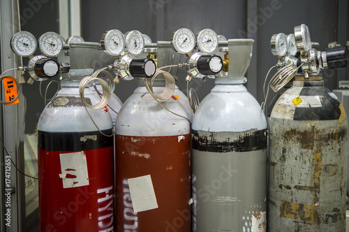 Gas pressure regulator with gas Nitrogen , Oxygen, Helium, Hydrogen.Gas used on the machine Gas Chromatograph-Mass Spectrometer (GCMS).Close up image