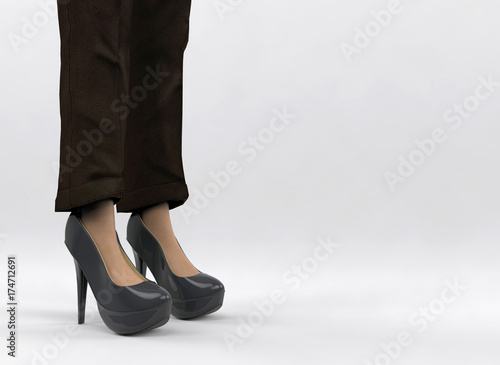 3d rendering. A working woman who wearing coffee color long pant and black high heels standing on gray background. within Clipping path