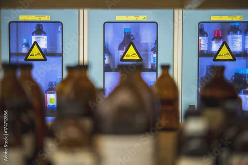 Chemical storage cabinets with hood. Used in chemistry labs.