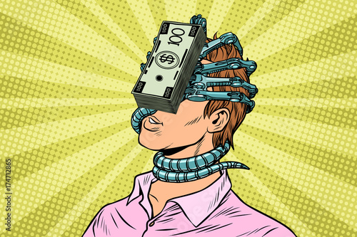 Financial dependence, a man with money parasite on the face