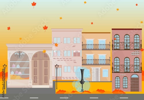 City buildings in Autumn season Vector background