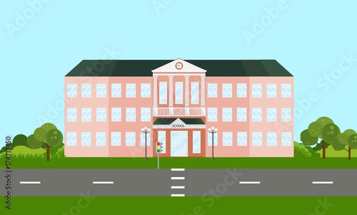 School building facade in summer time. Vector illustrations