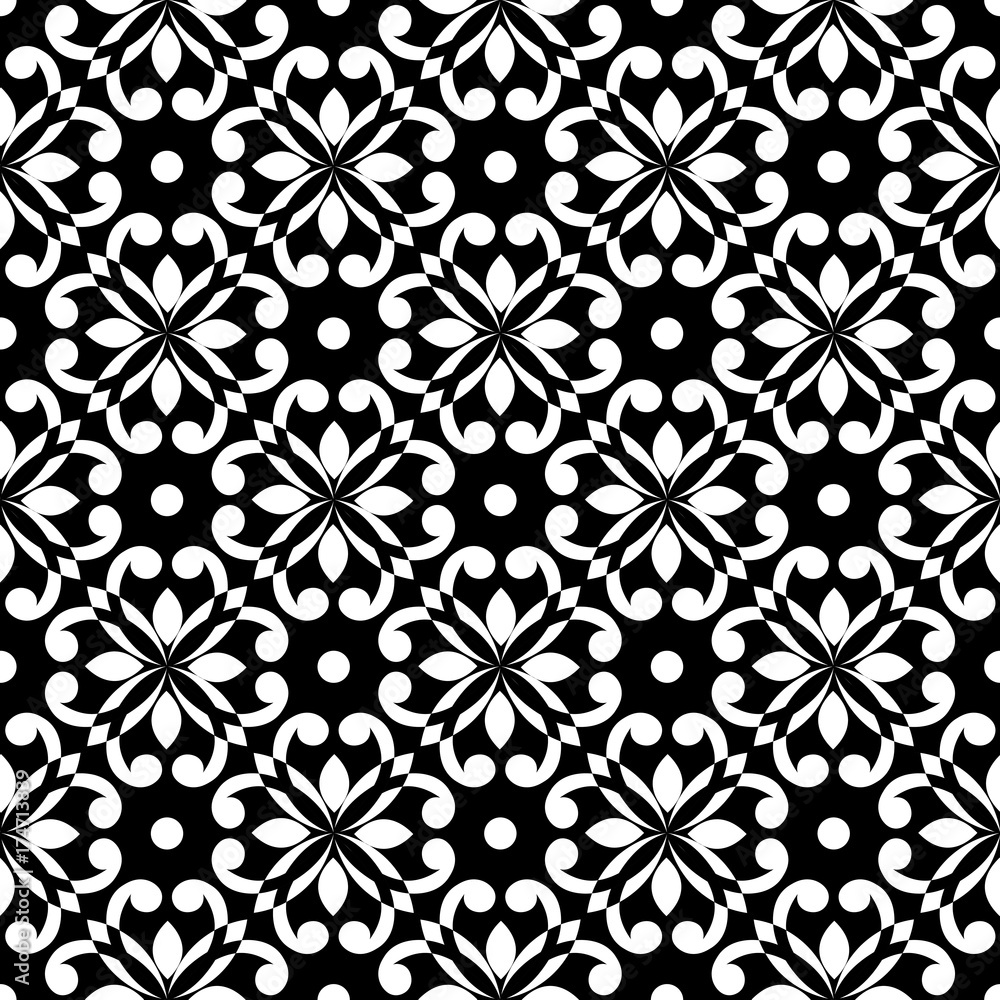 Wallpaper baroque, damask. White and black floral pattern. Vintage