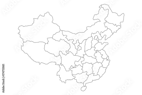 Regional map of administrative provinces of China. Thin black outline on white background. Vector illustration.
