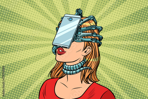 face id smartphone parasite, woman and Internet addiction